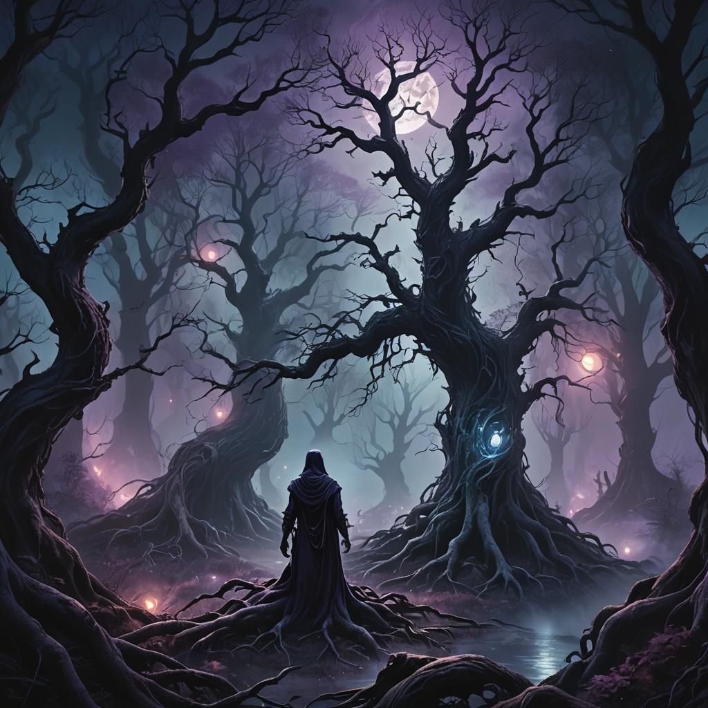 Glowing Spirits Wander in Dark Fantasy Forest
