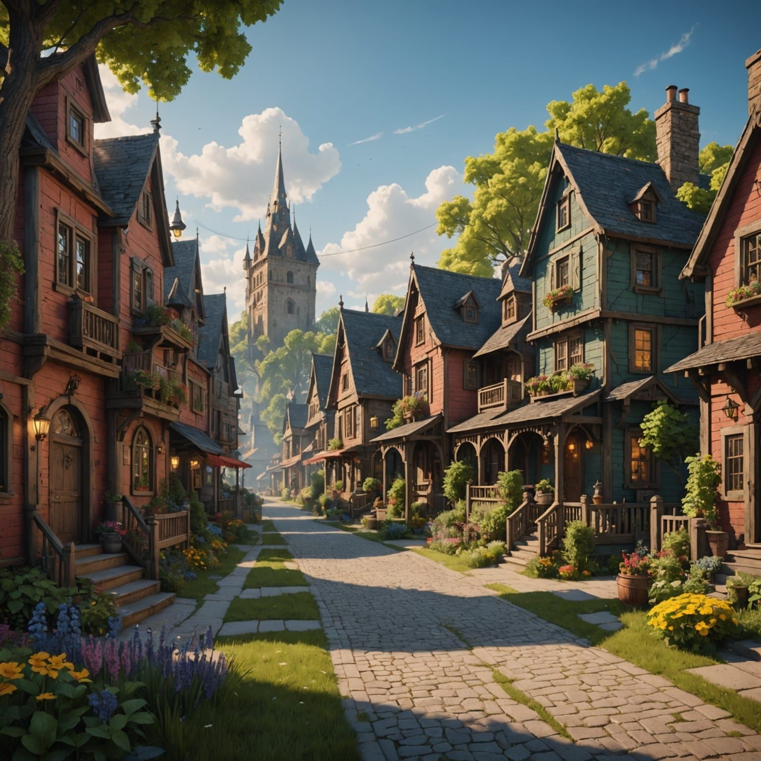 Vibrant Neighborhood in a Sunny Daydream