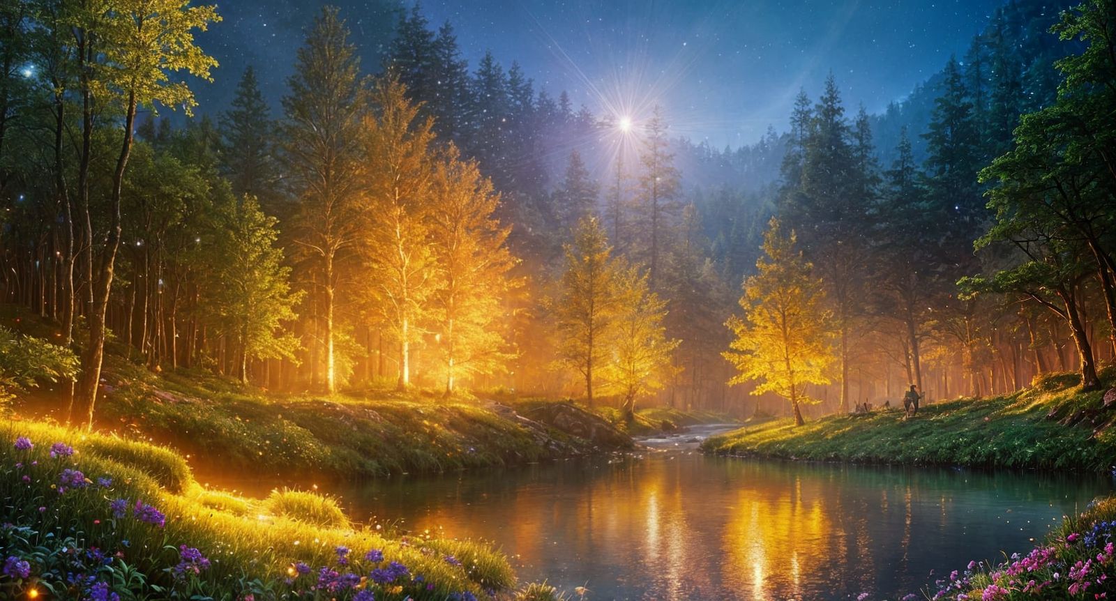 Enchanted Forest with Shimmering Fireflies, Digital Art