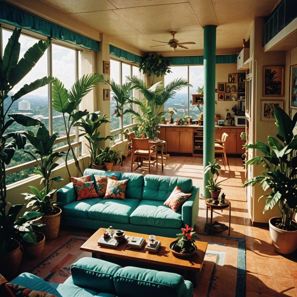 Tropical Penthouse Interior in 1980s Style