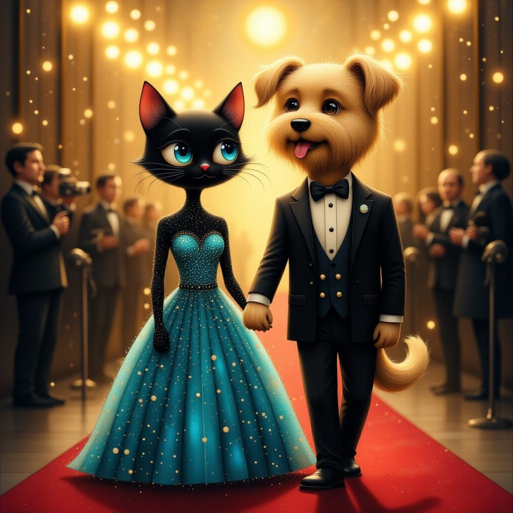 Elegant Feline Canine Duo Stroll the Red Carpet in Hollywood...