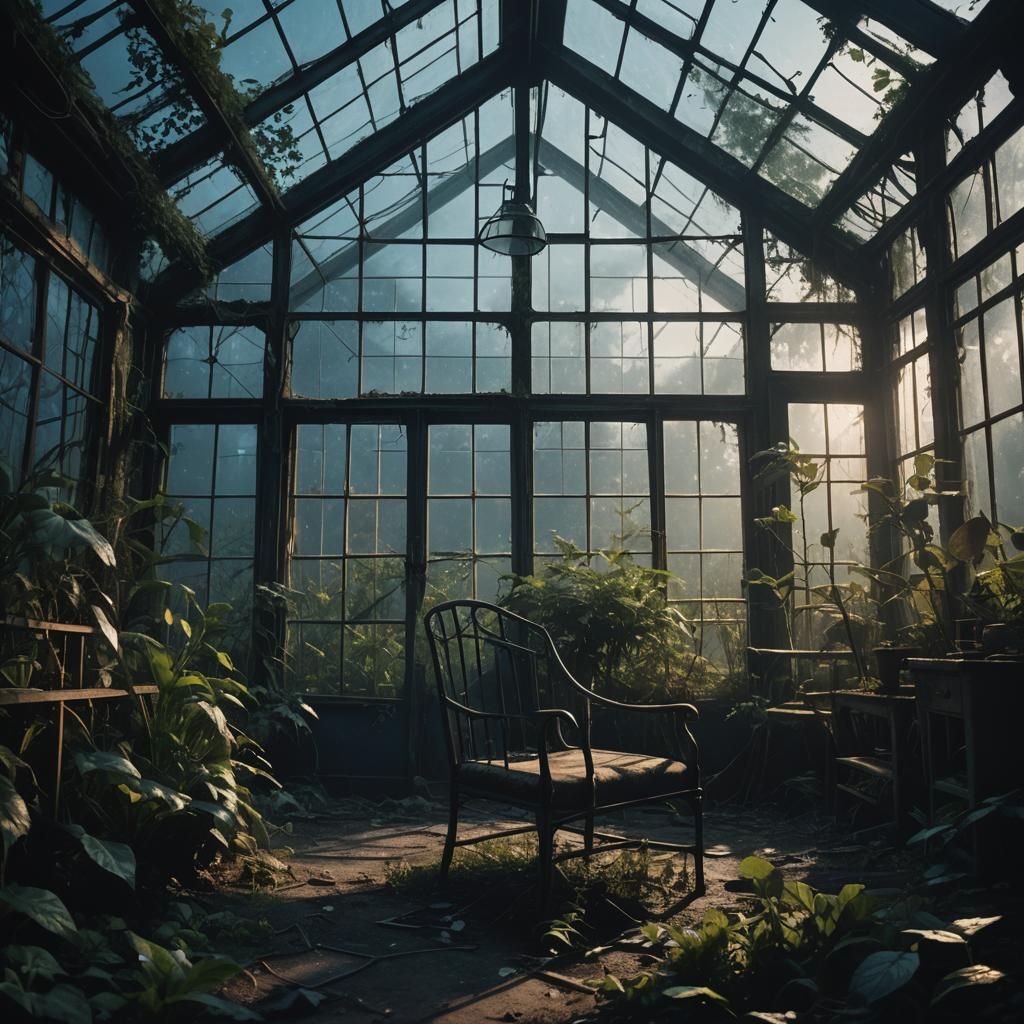 Eerie Abandoned Greenhouse in Dark Fantasy Style
