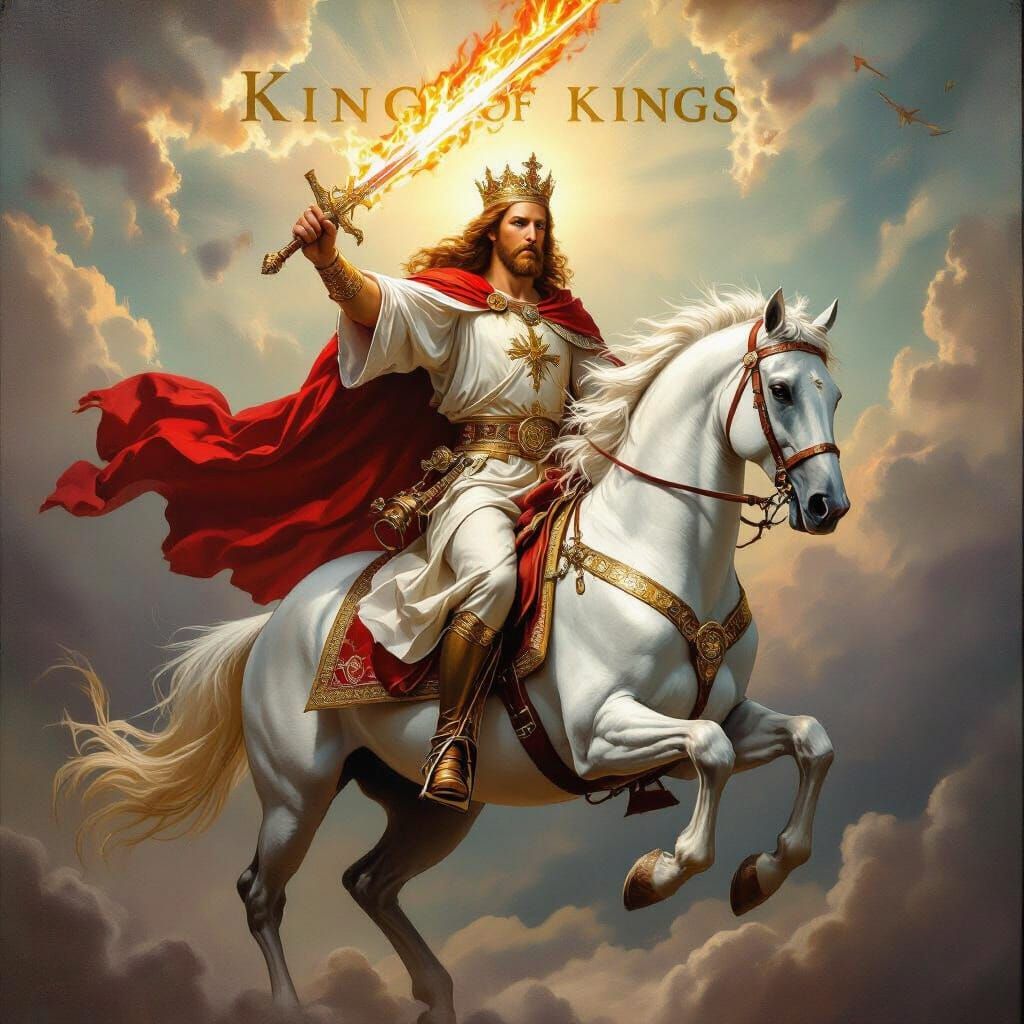 Jesus Christ King of Kings on White Horse with Fiery Sword