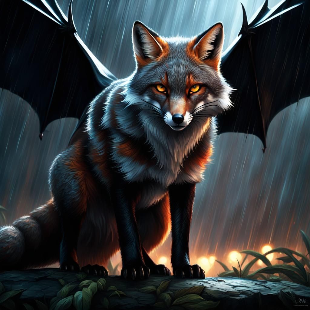 Angry Fox with Bat Wings in Lightning Storm