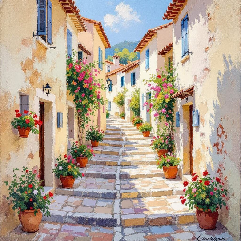 Mediterranean Alleyway in Impressionistic Pastel Style