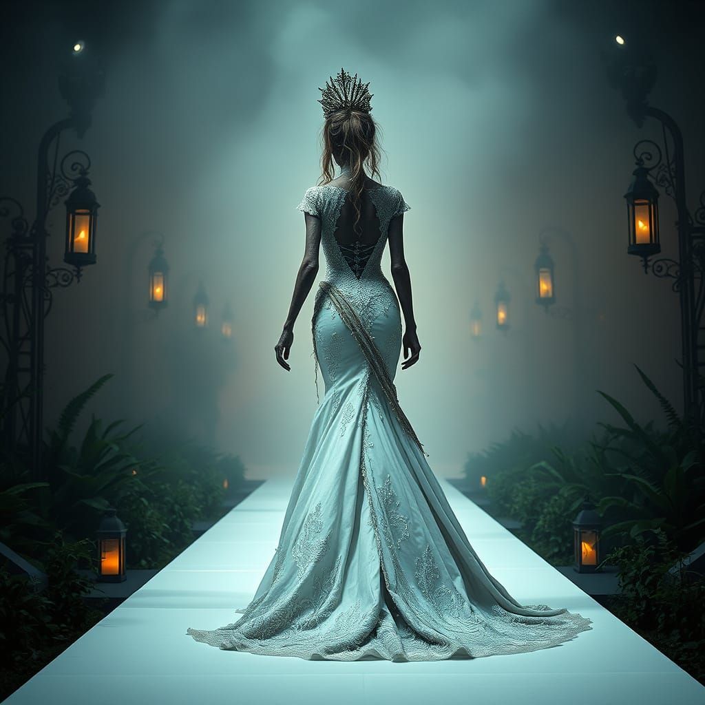 Elegant Zombie Bride Struts Down White Runway in Gothic Fash...