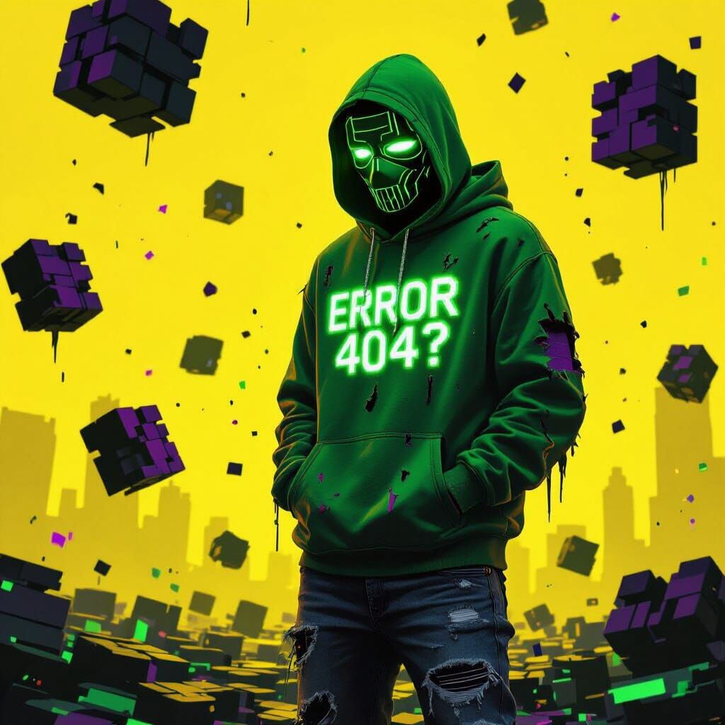 Dystopian Figure in a Glitching Cyberpunk World