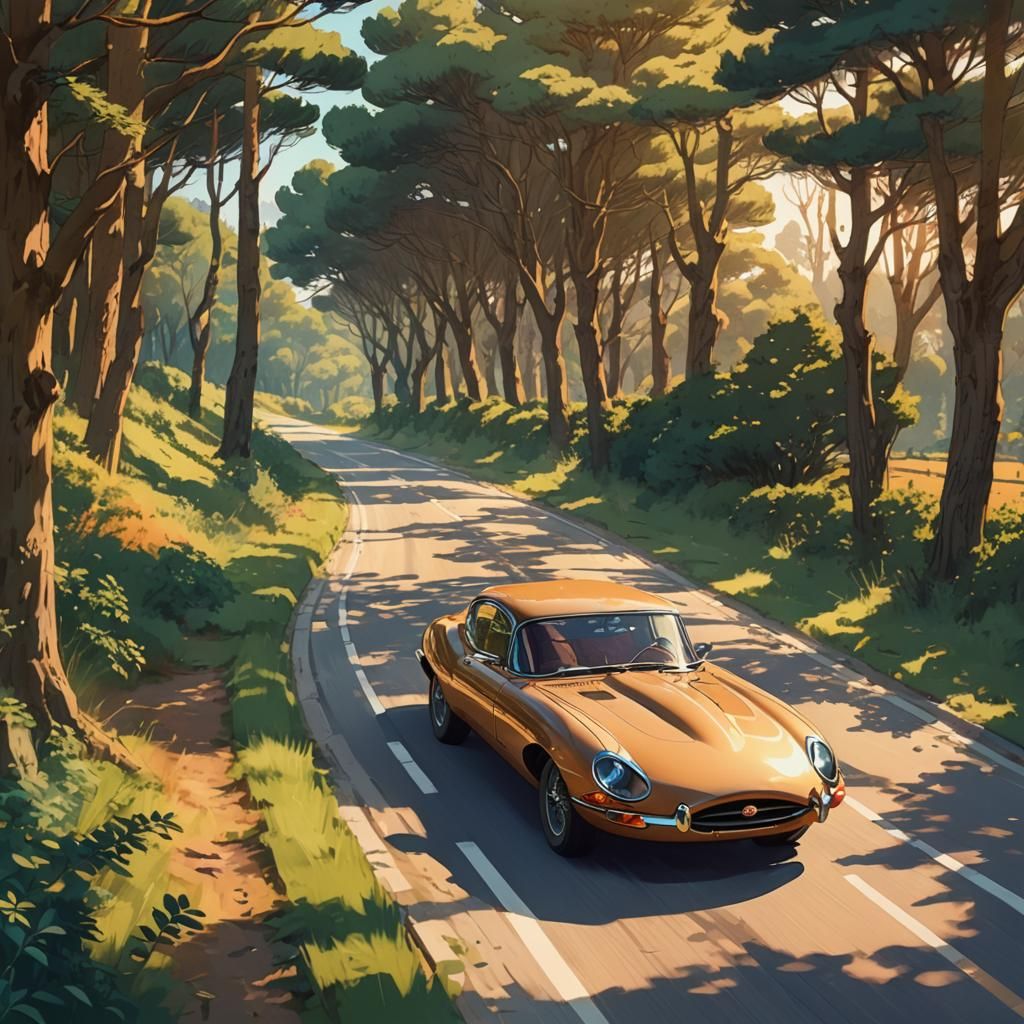 E-Type Jaguar on Italian Road in Anime Style