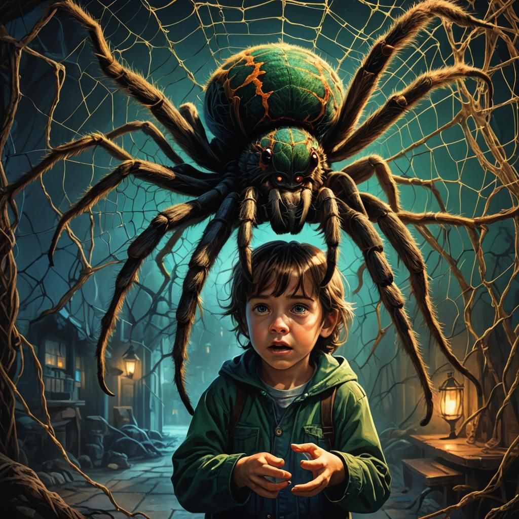 Giant Tarantula Overtaking Child in Web: Dark Fantasy Art