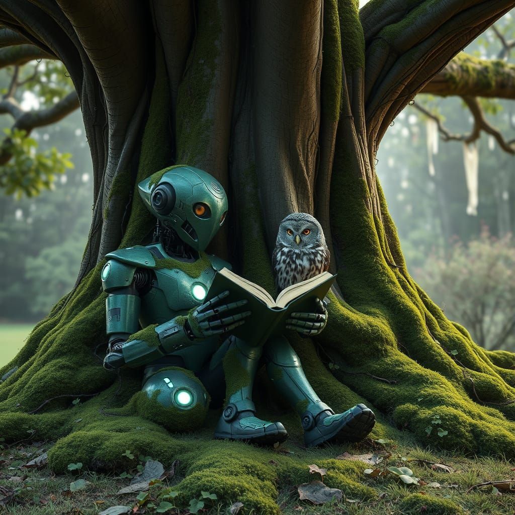 Robot Shares Book With Owl Under Giant Tree