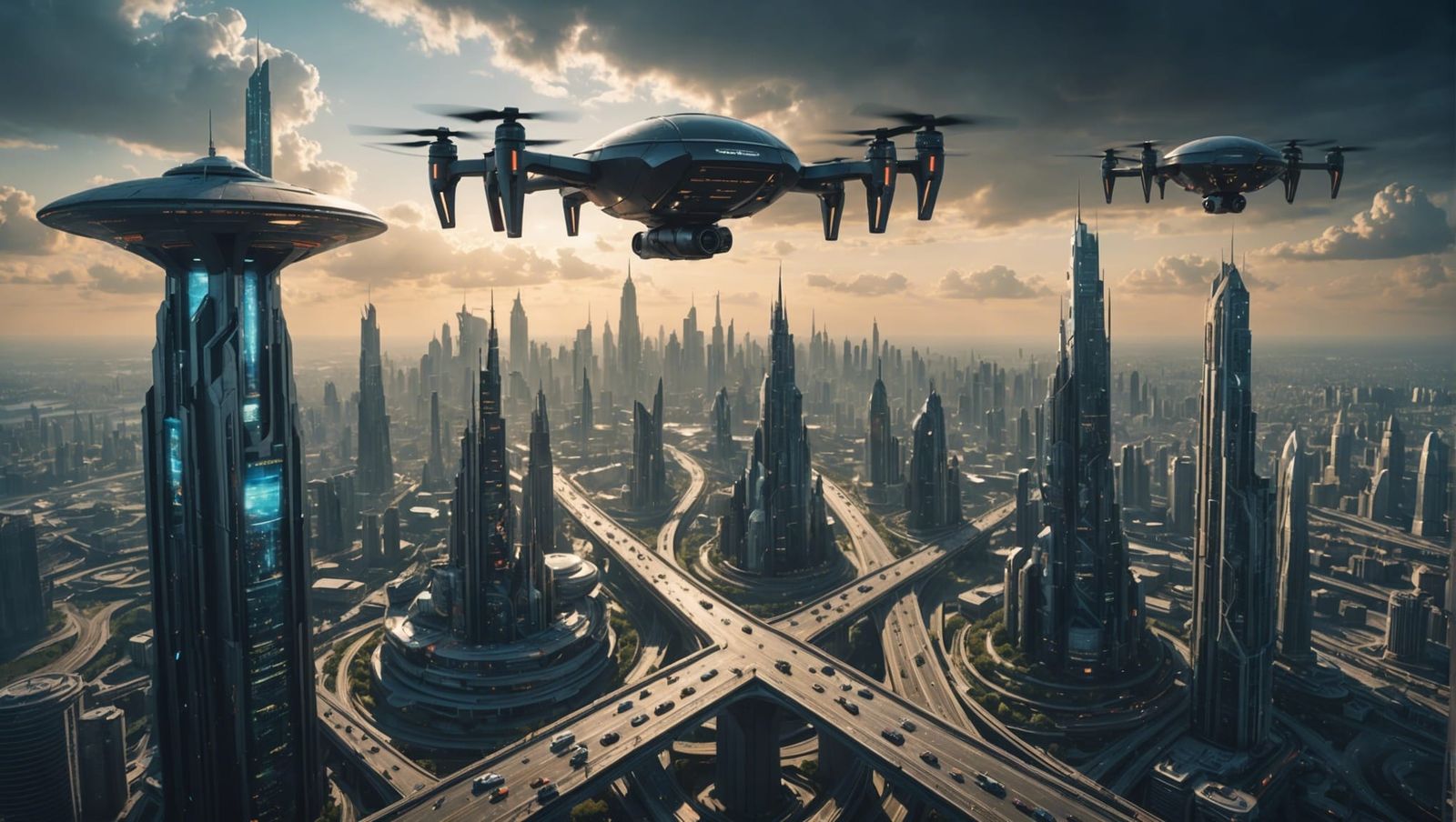 High-Tech Sky City with Drone Traffic in Vimana Style