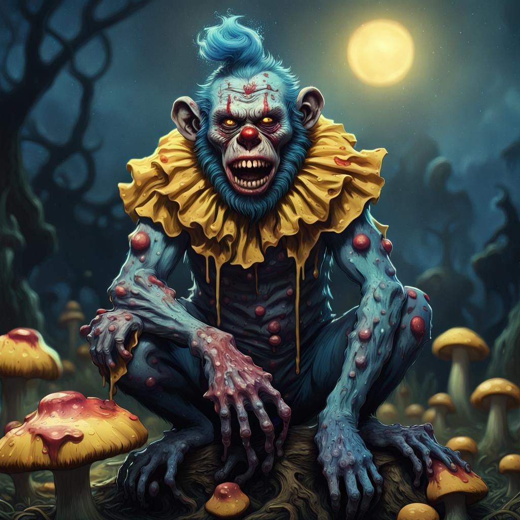 Zombie Monkey Clown on Mushroom, Impasto Concept Art