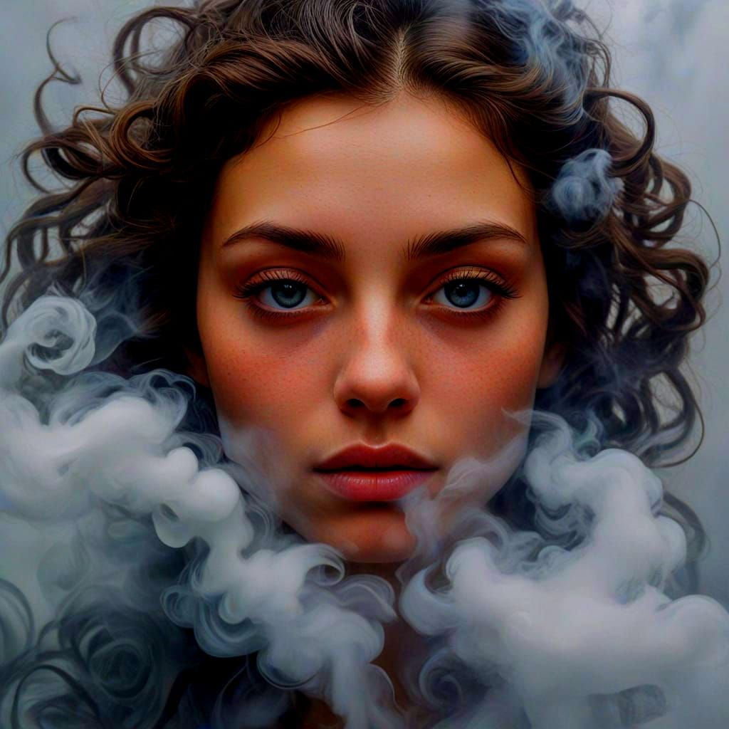 Serene Woman in Swirling Mists: Hyperrealistic Expressionism