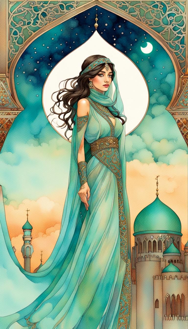 Art Nouveau Arabic Princess in Watercolour