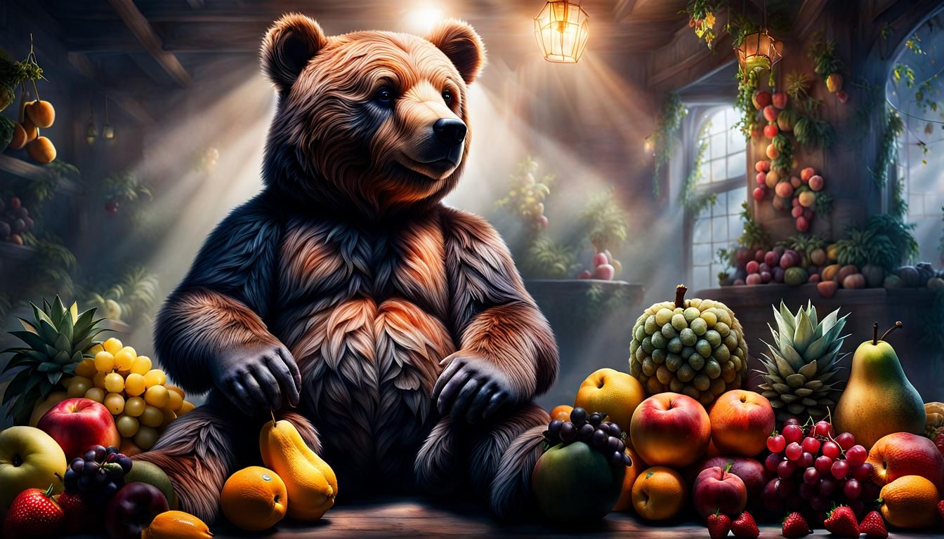 Hyperrealistic Fruit Teddy Bear in Mist