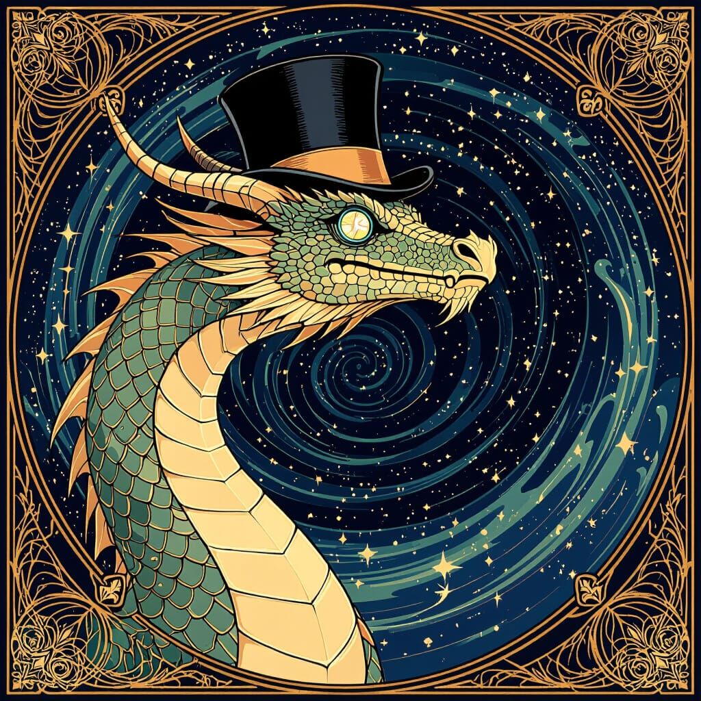 Dragon in Cosmic Vortex, Art Deco Style