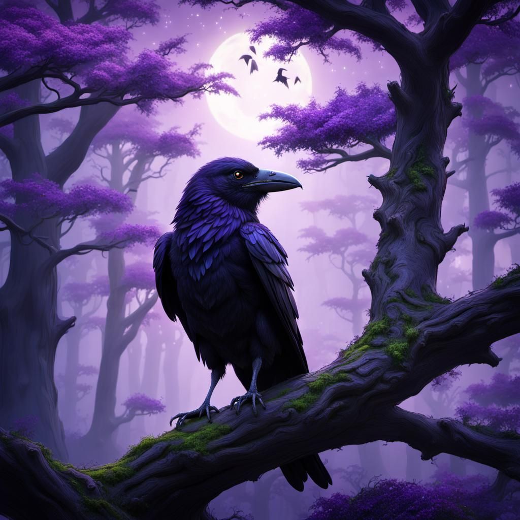 view of a crow on top of a tree, epic fantasy style, purple ...