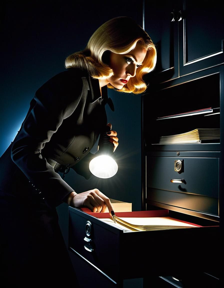 High Contrast Spy Inspects File Cabinet