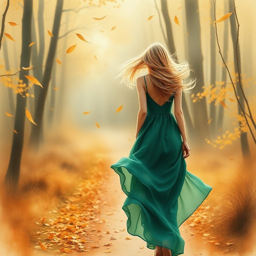 Autumnal Woman in Windswept Watercolor Landscape