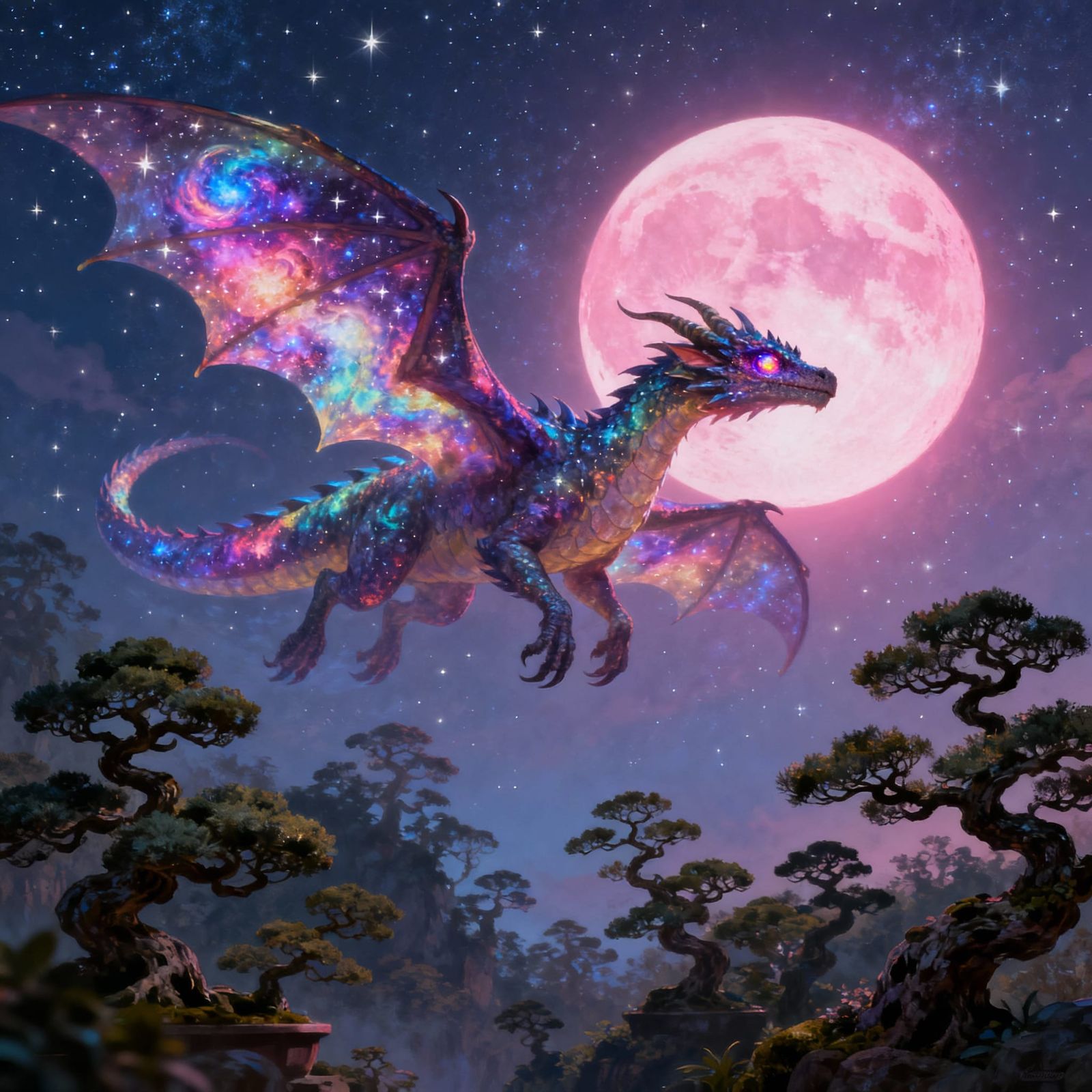 Star Dragon Soaring Through Enchanted Forest
