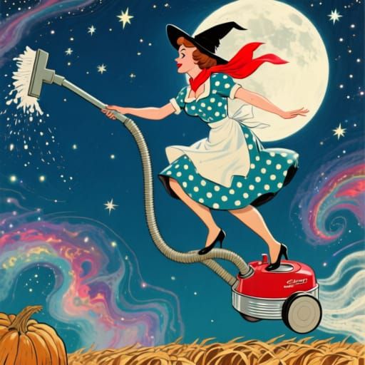 1950s Housewife Witch Cleans Night Sky on Vacuum