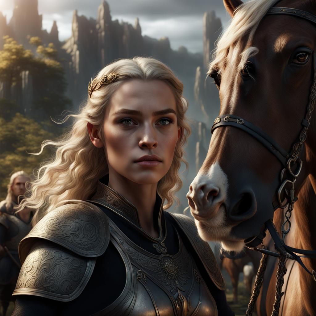 Rohirrim Shieldmaiden on Horseback in Fantasy Landscape