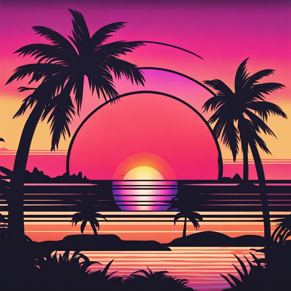 Retrowave Sunset Beach Logo Design