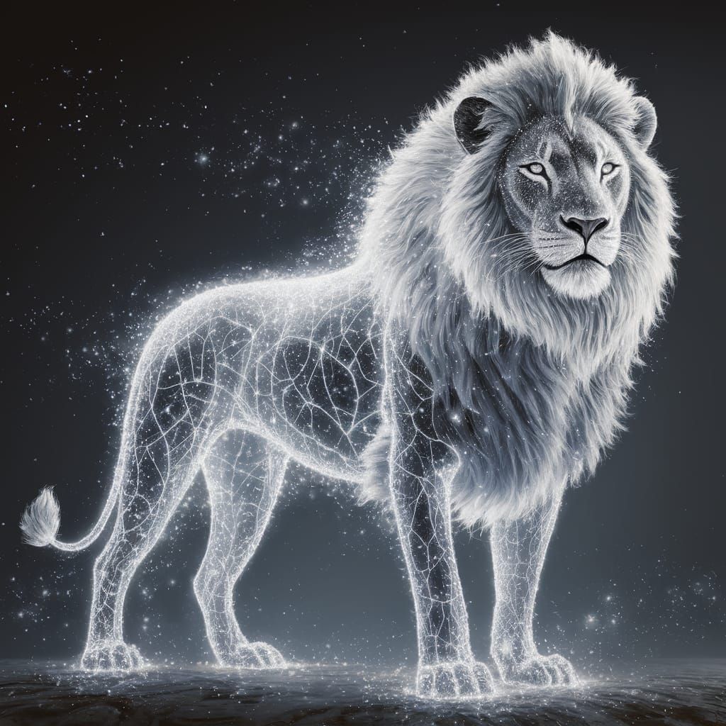 Cosmic Lion in a Vibrant, Starry Expanse
