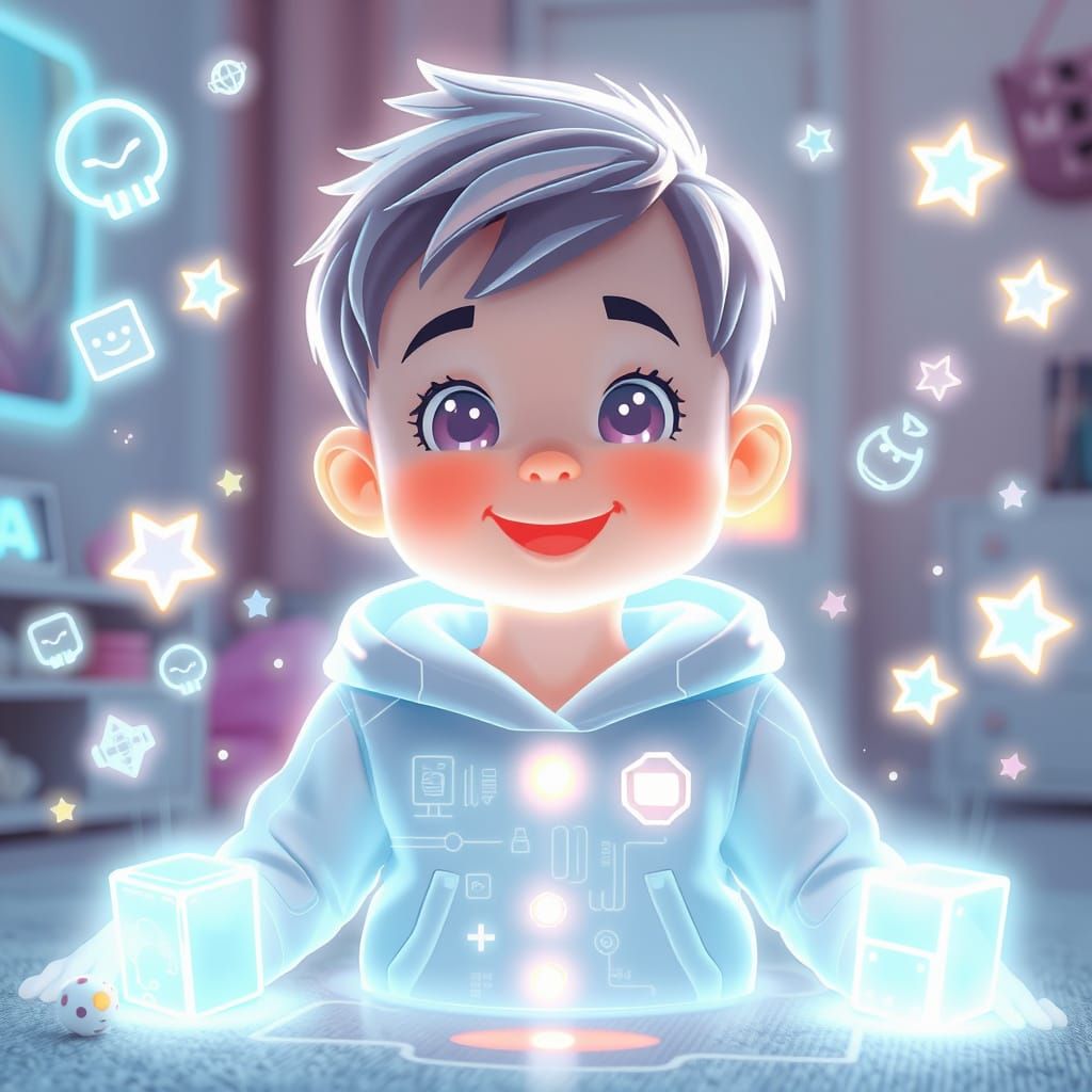 Holographic Child in Futuristic Neon Nursery