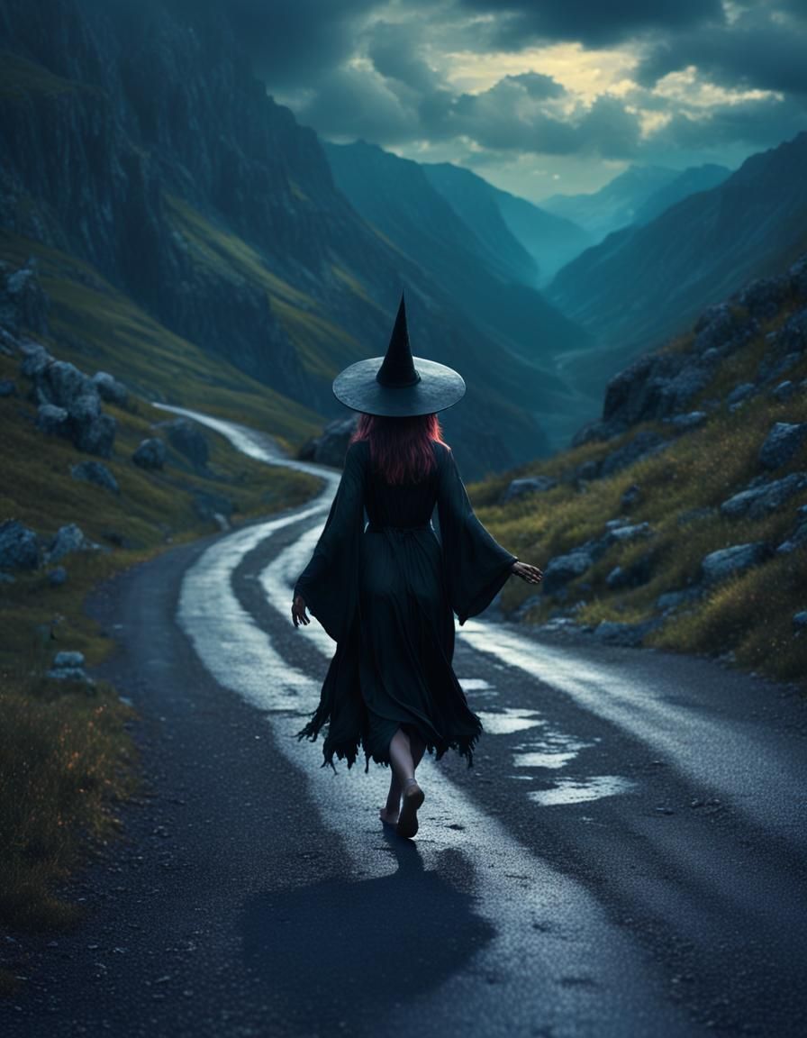 Epic Witch on Mountain Road: Digital Matte Painting