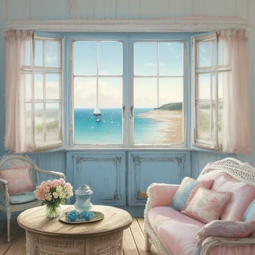 Shabby Chic Window with Lace Curtains, Oil Painting
