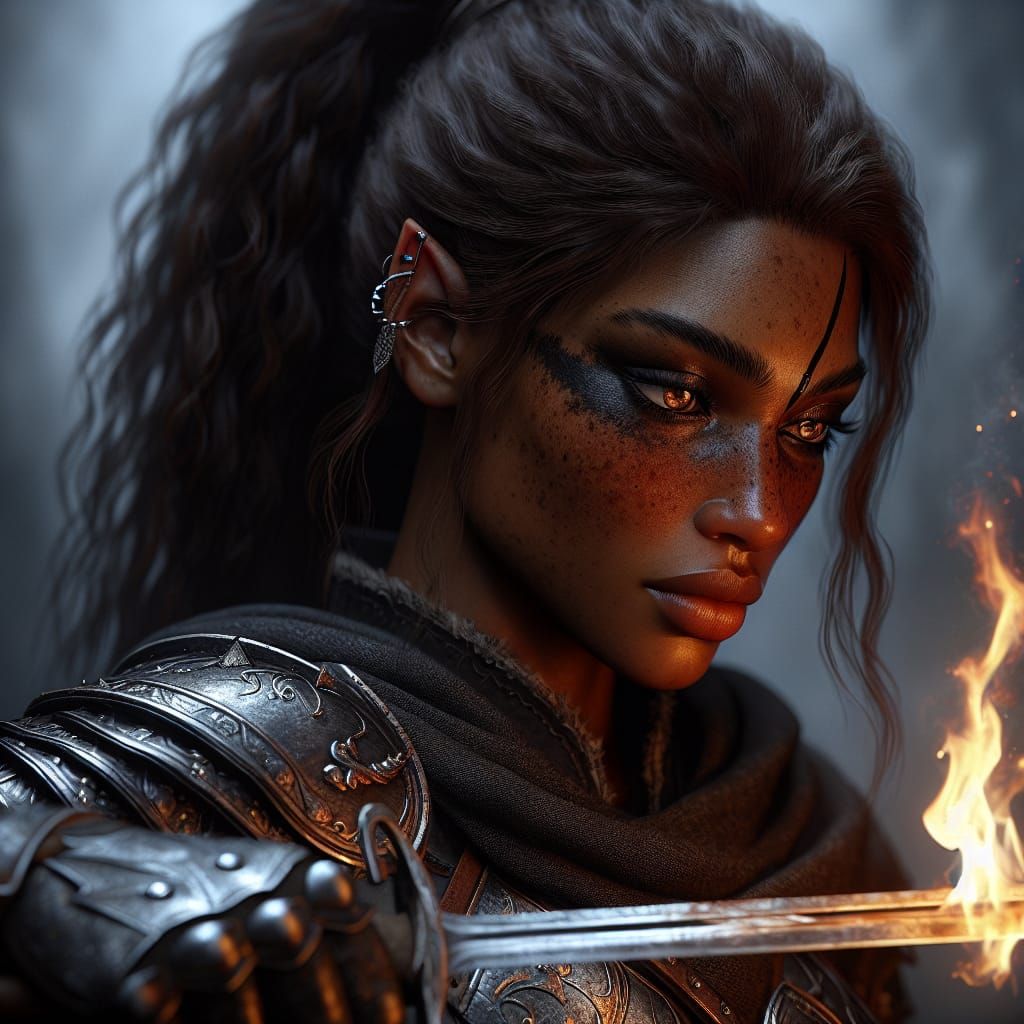 Epic Black Druid Prepares for Battle with Flaming Sword