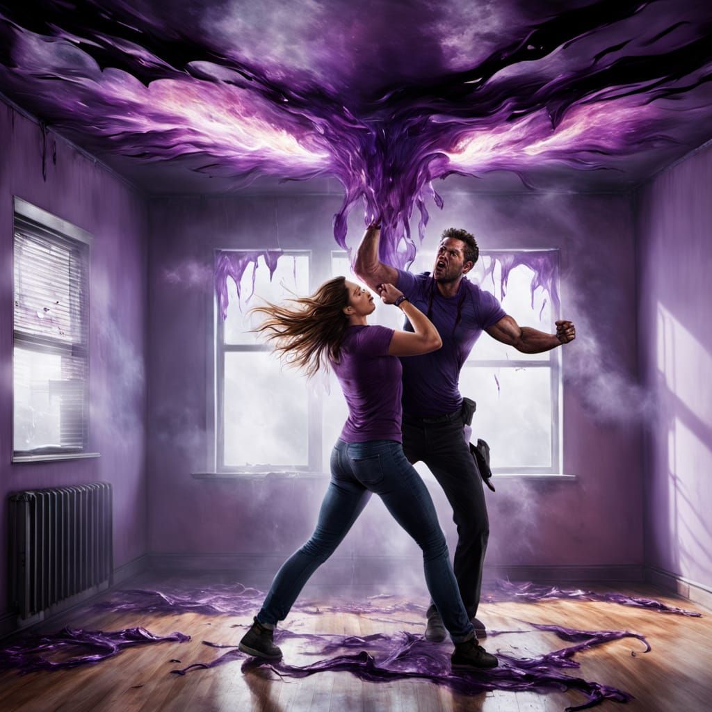 Dramatic Rescue From Purple Fire, Photorealistic Image