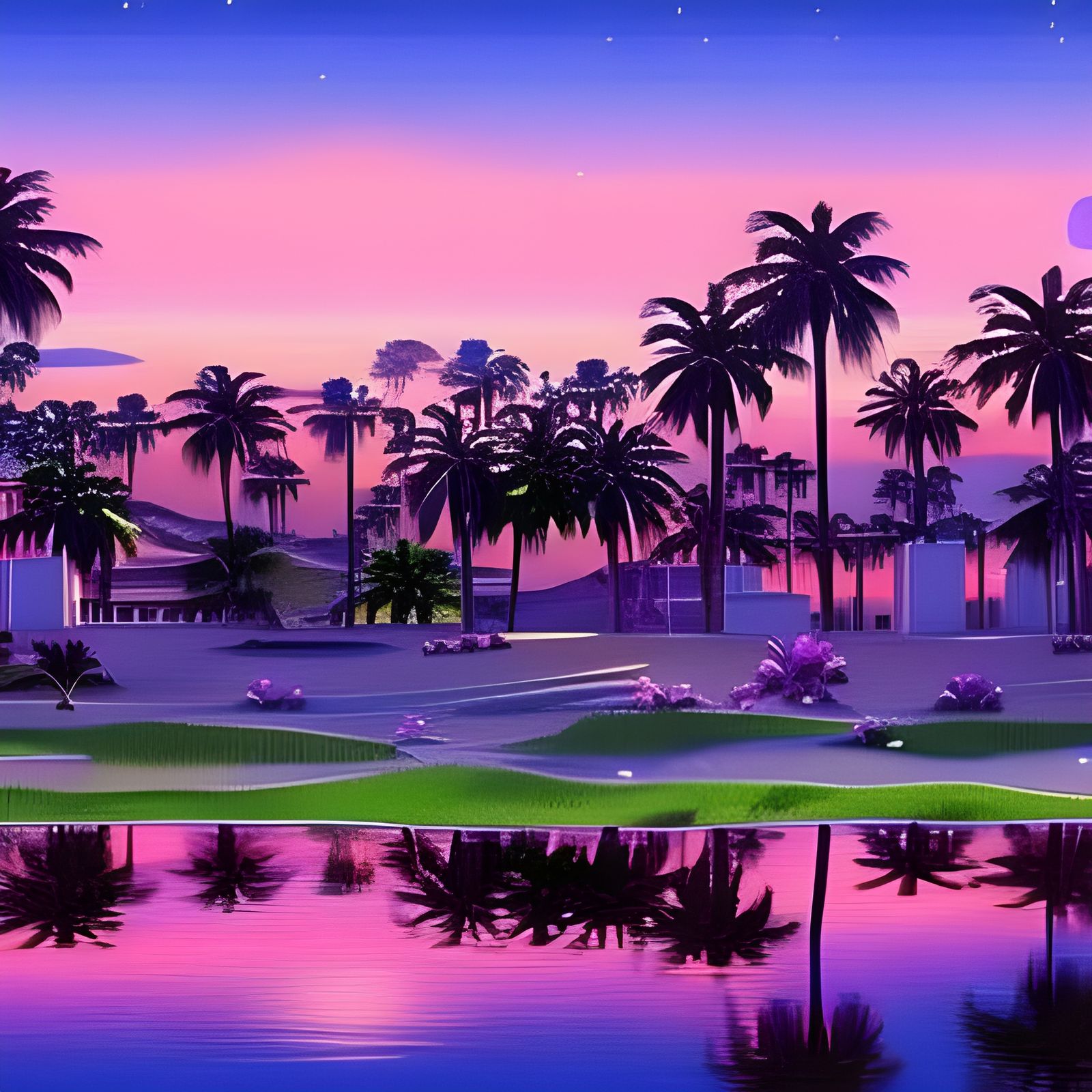Romantic Cyberpunk Cityscape with Palm Trees