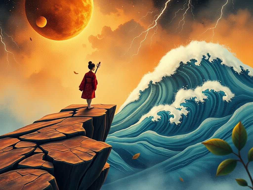 Figure Contemplating Cosmic Void in Watercolor and Dot Art S...