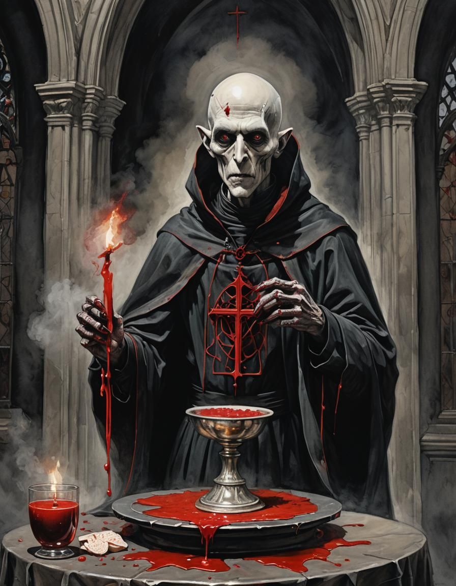 Dark Gothic Cathedral with Vampire in Ink Painting Style