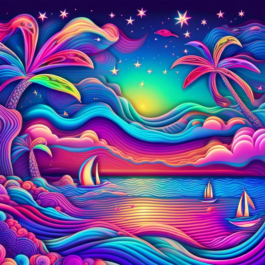 Neon Beach Scene in Lisa Frank Style