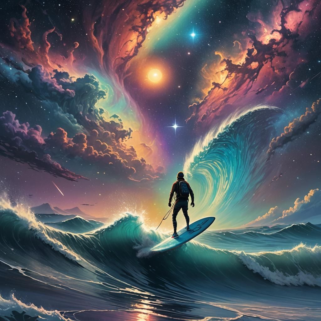 Surfer Rides Stardust Wave in Cosmic Fantasy Art