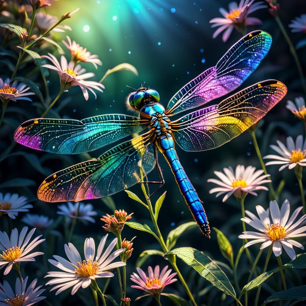 Iridescent Dragonfly Among Flowers in 8k