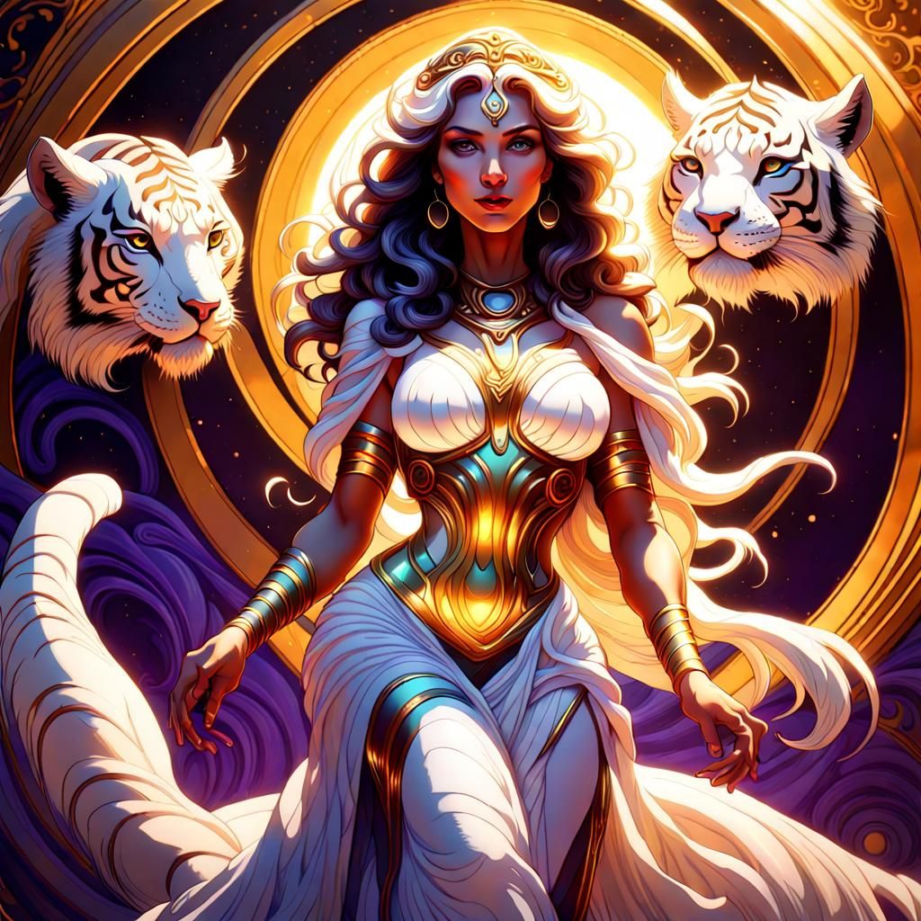 White Tigress Goddess in Swirling Golden Light