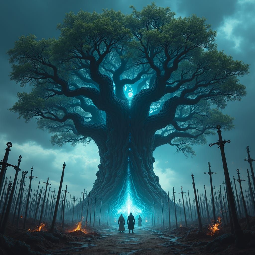 Massive Ancient Tree With Glowing Blue Hue In Dark Fantasy S...