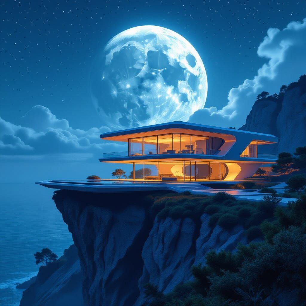 Futuristic Cliffside Villa in Hyperrealistic Style