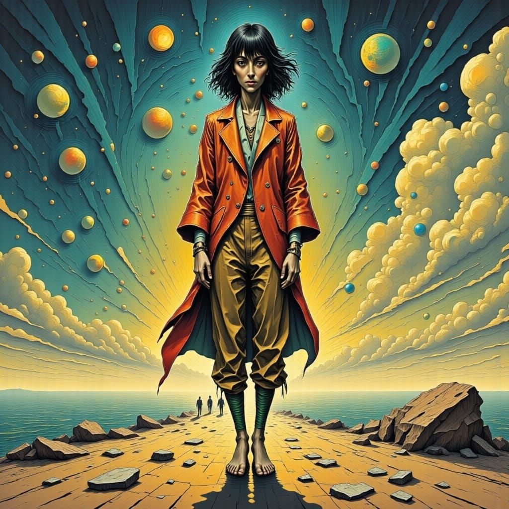 Japanese Woman in Surreal Cosmic Landscape