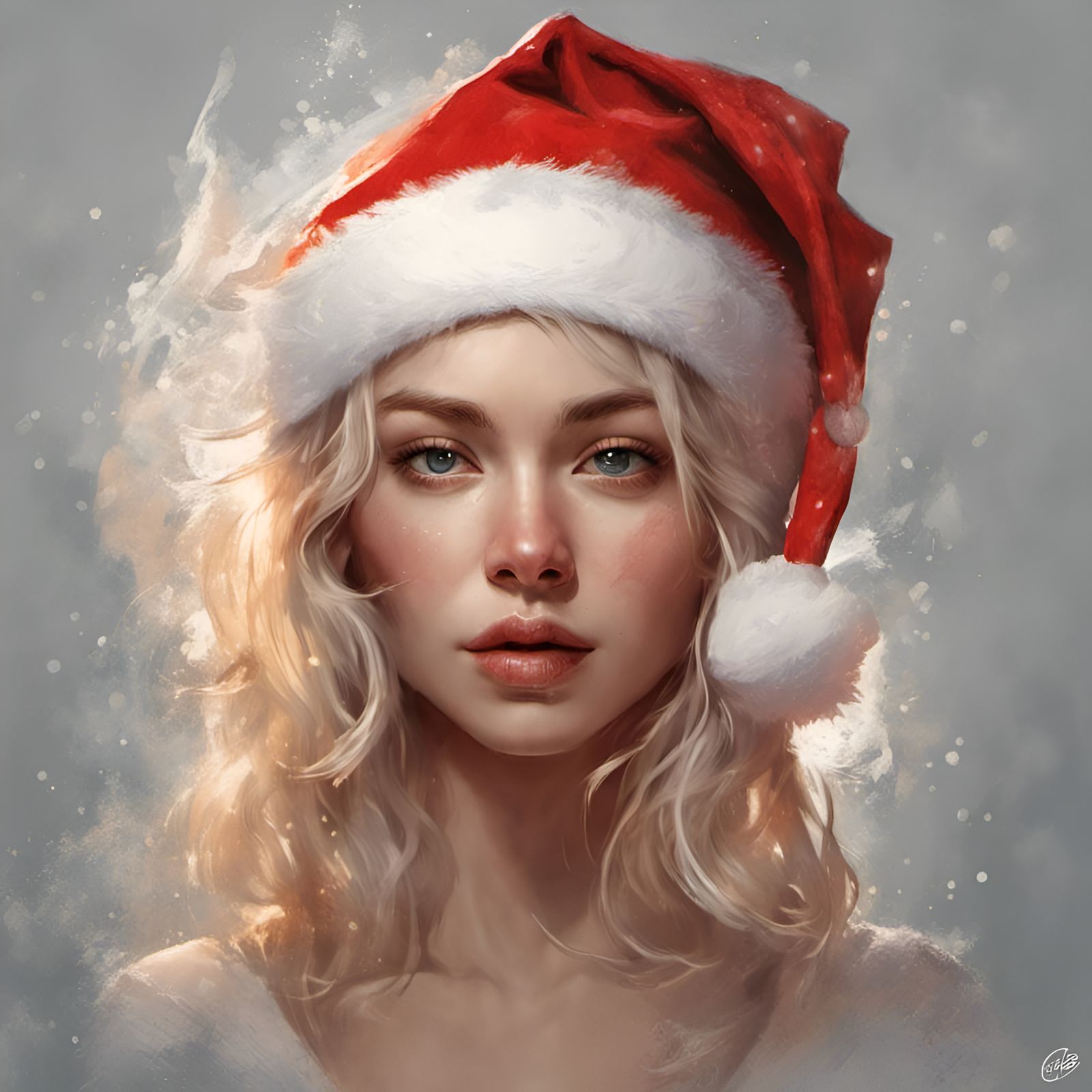 Blonde Woman in Santa Hat, Digital Illustration