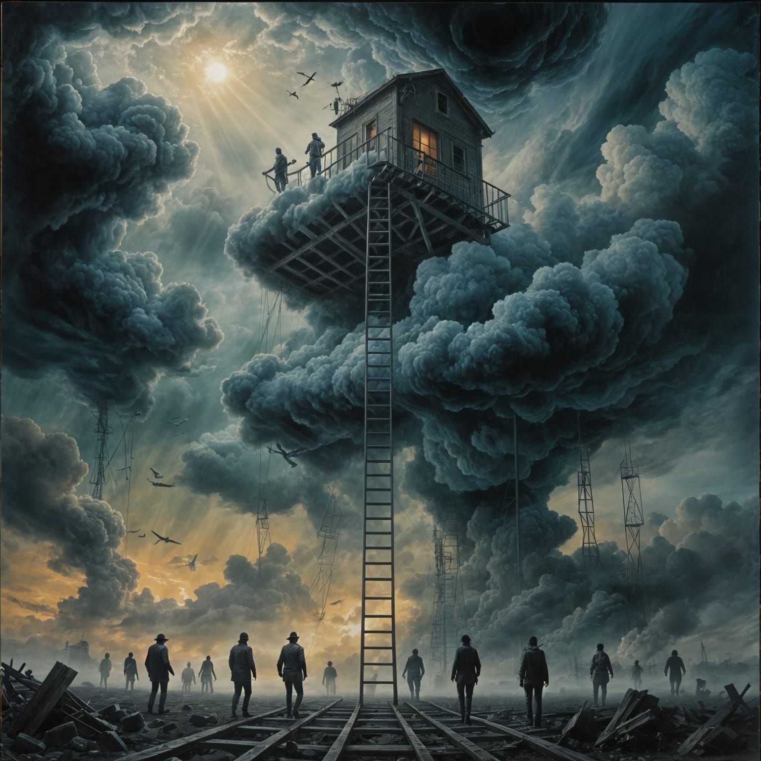 Surreal Ladder Descends From Cloudy Sky