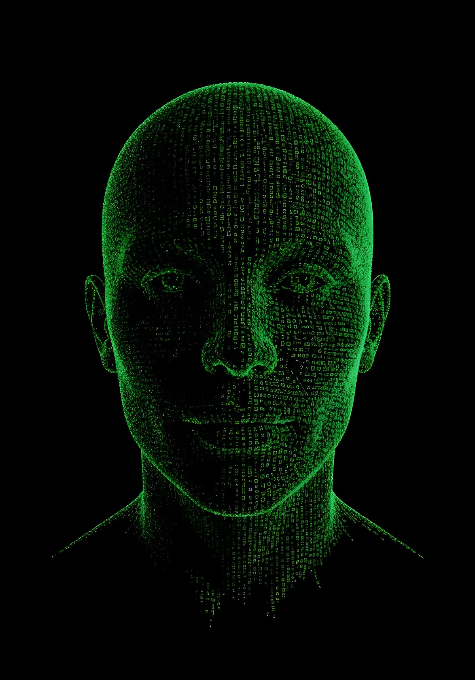 Human Face Composed of Green Code Strings on Black Backgroun...