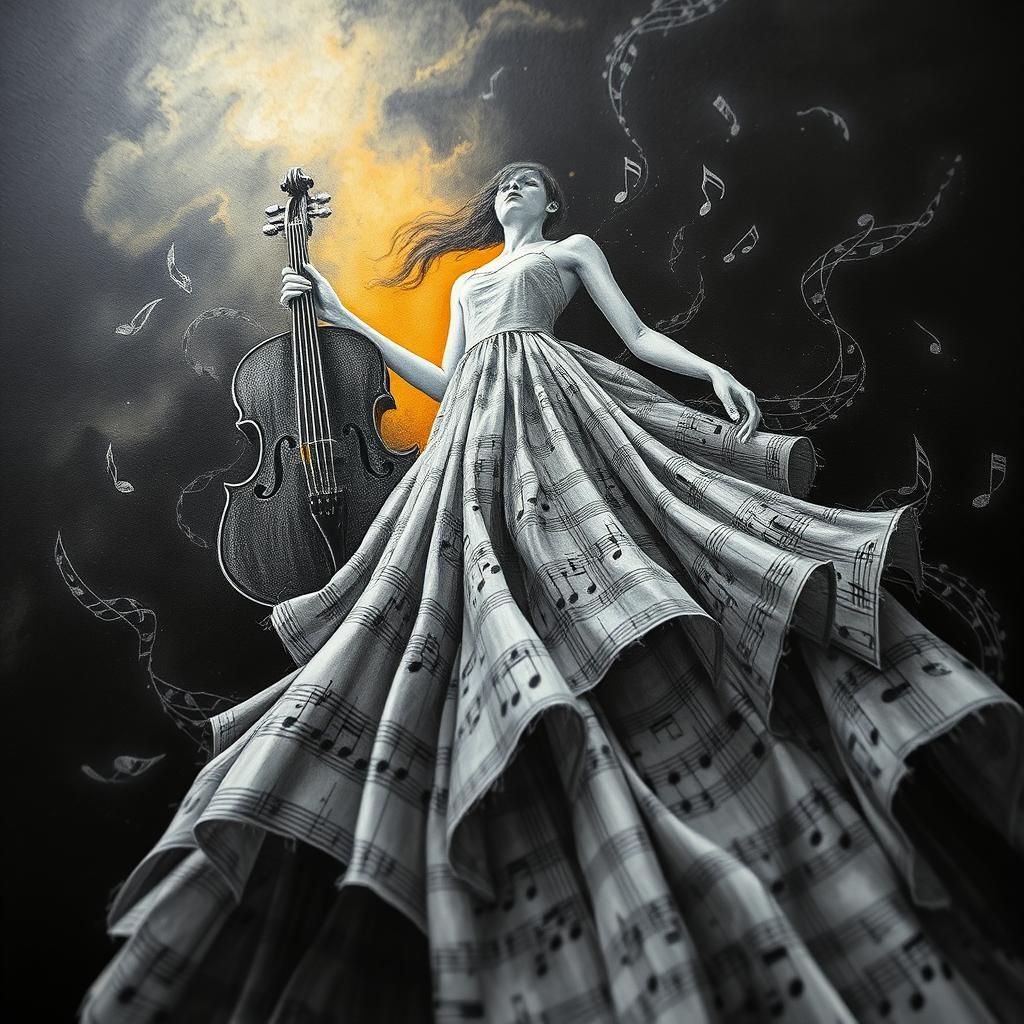 Musical Note Dress in Charcoal Drawing