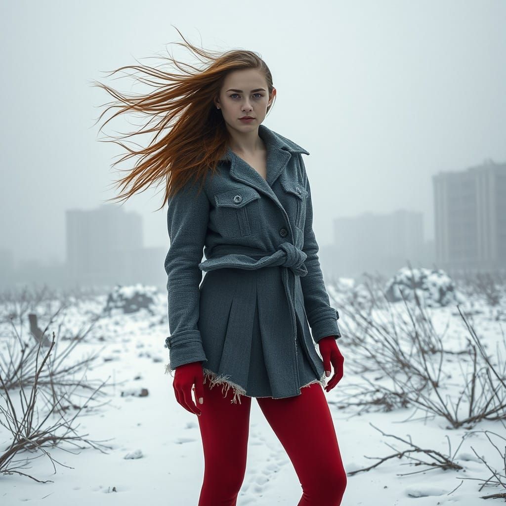 Ethereal Woman Stands Resolute in Desolate Winter Landscape
