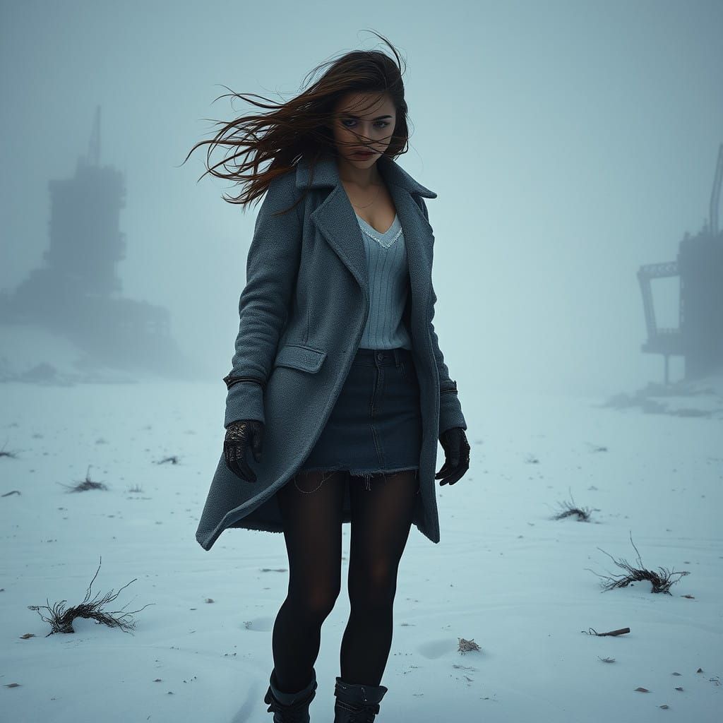 A Young Woman Stands Vulnerably in a Desolate Snow-Covered L...