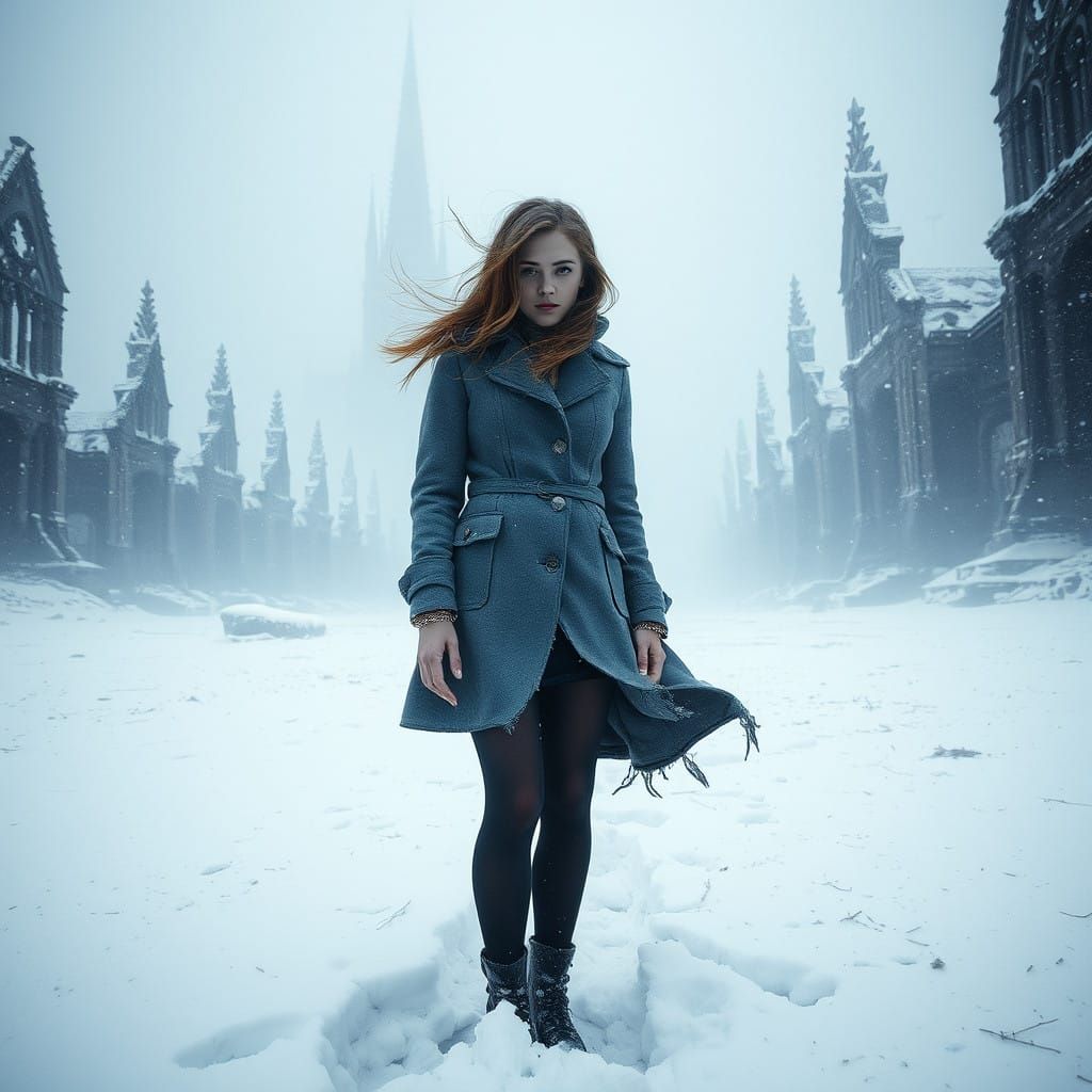 Ethereal Winter Goddess in Desolate Snowscape